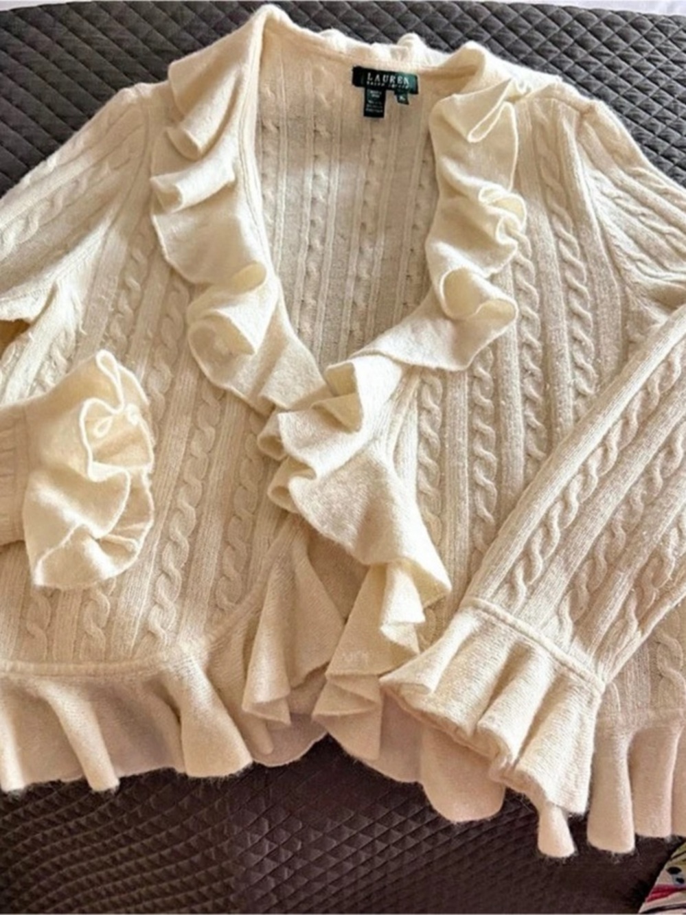 Lauren Ralph Lauren Cable Knit Ruffle Cardigan in Cream XL